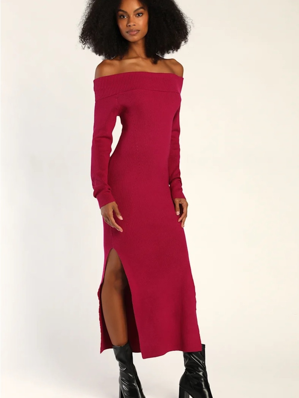 NWT Lulu’s Good For Me Magenta Ribbed Off-The-Shoulder Maxi Sweater Dress Small